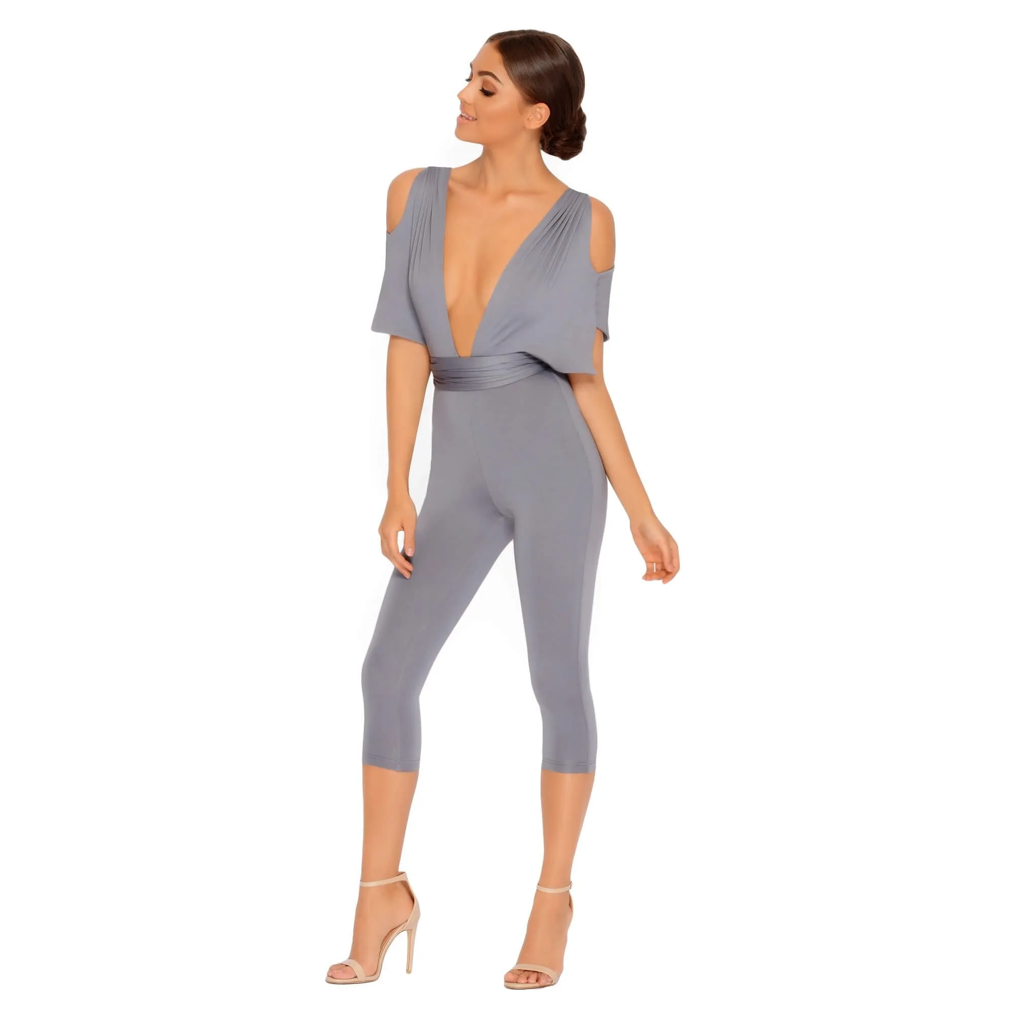 Take The Plunge Cold Shoulder Cropped Jumpsuit in Sharkskin Grey