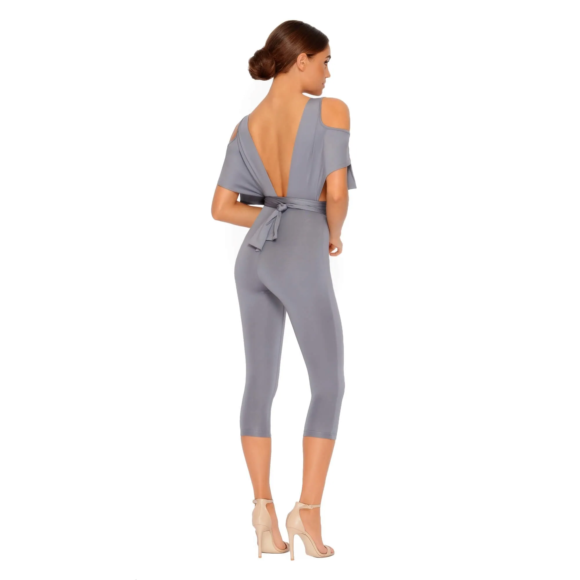 Take The Plunge Cold Shoulder Cropped Jumpsuit in Sharkskin Grey