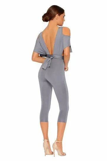 Take The Plunge Cold Shoulder Cropped Jumpsuit in Sharkskin Grey