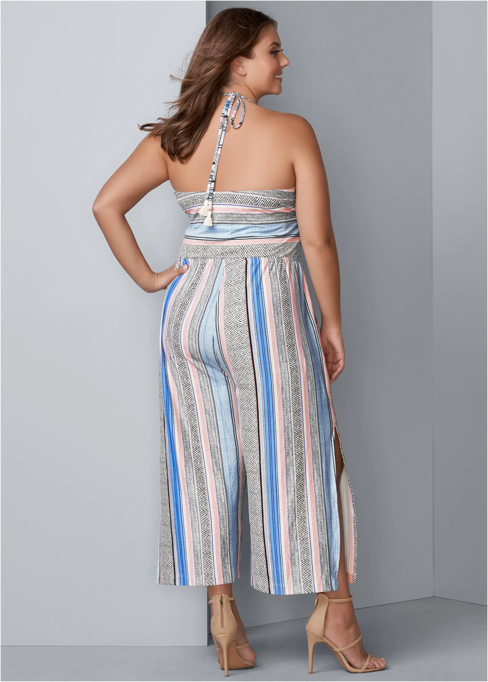 Tassel Halter Jumpsuit - Light Blue Multi