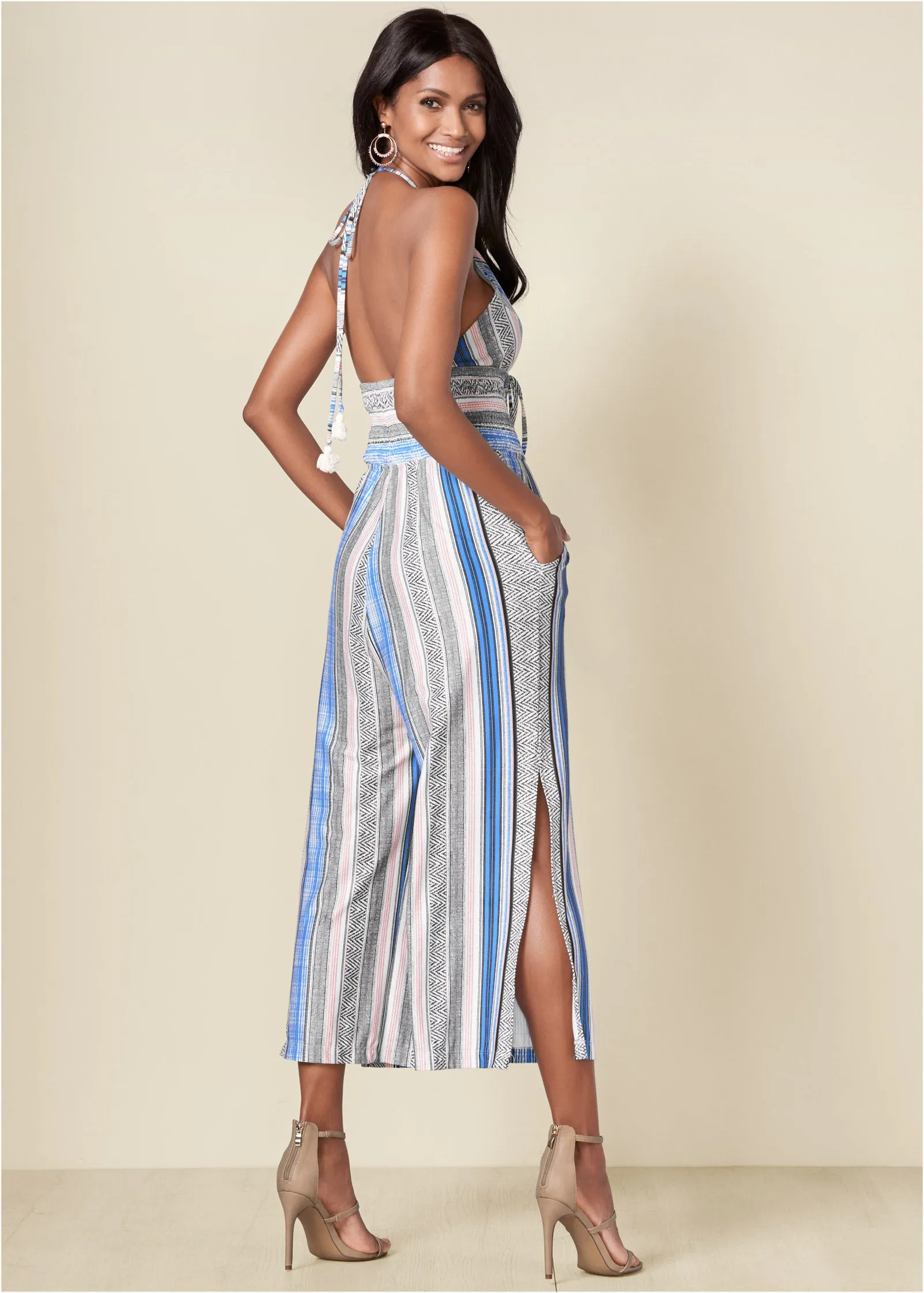 Tassel Halter Jumpsuit - Light Blue Multi