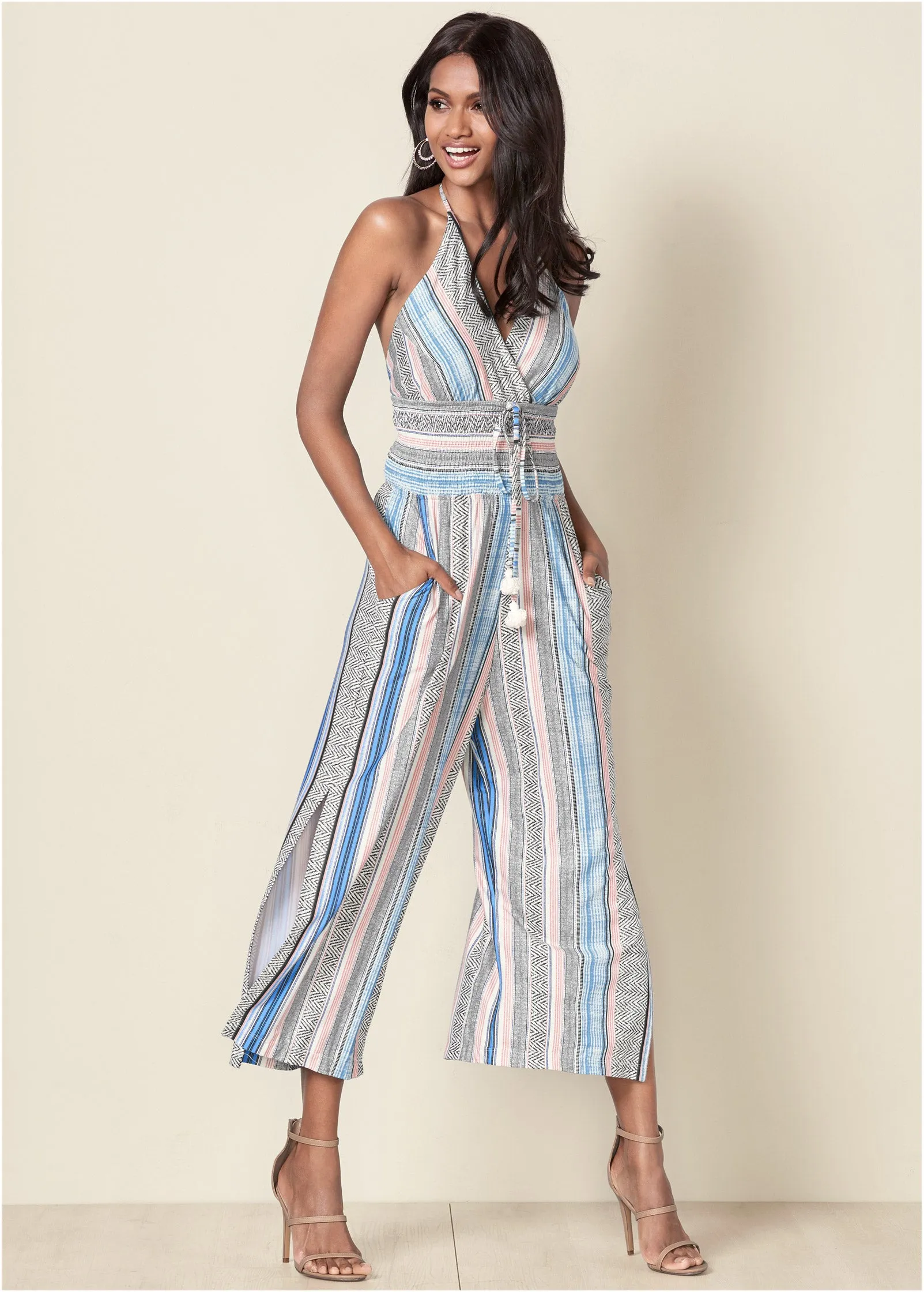 Tassel Halter Jumpsuit - Light Blue Multi