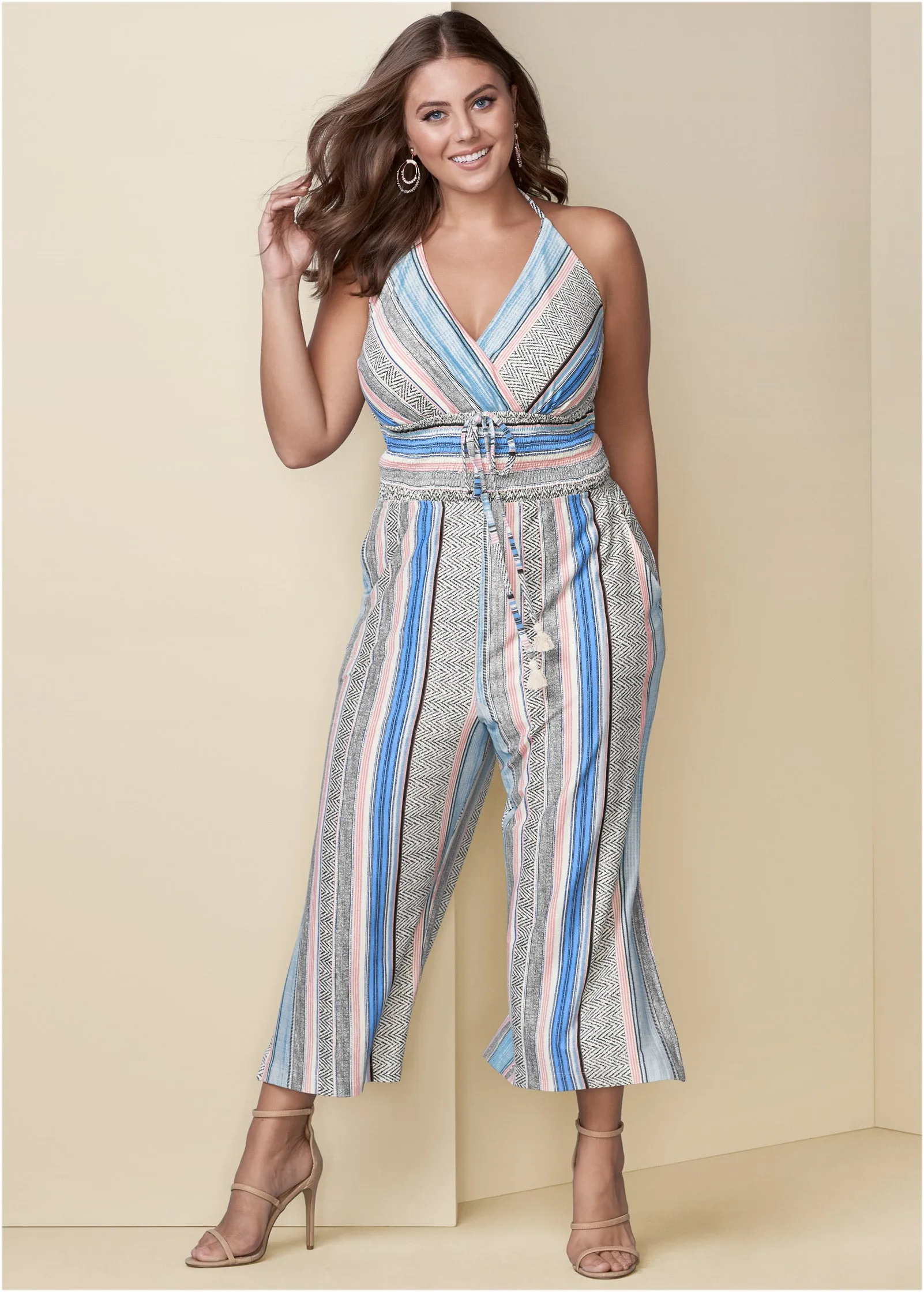 Tassel Halter Jumpsuit - Light Blue Multi