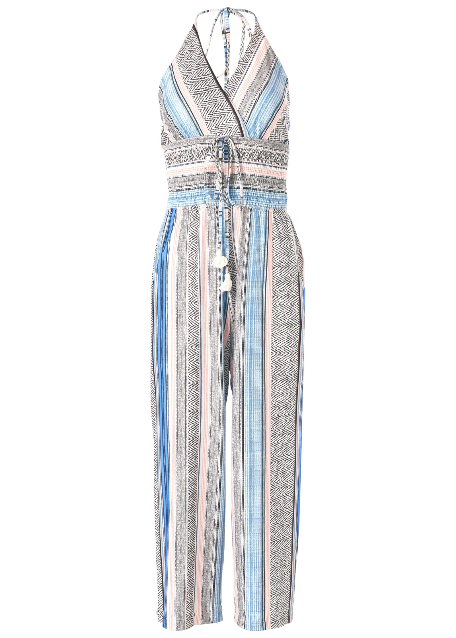 Tassel Halter Jumpsuit - Light Blue Multi