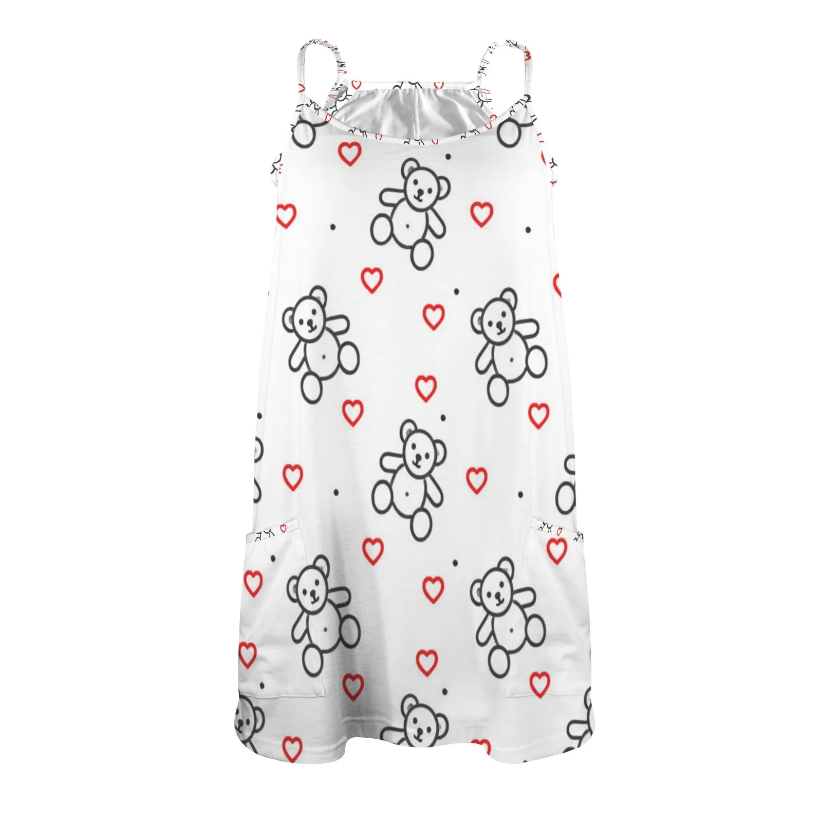 teddy bear and hearts print 2A Women's Double-Layered Camisole Dress (Model D70)