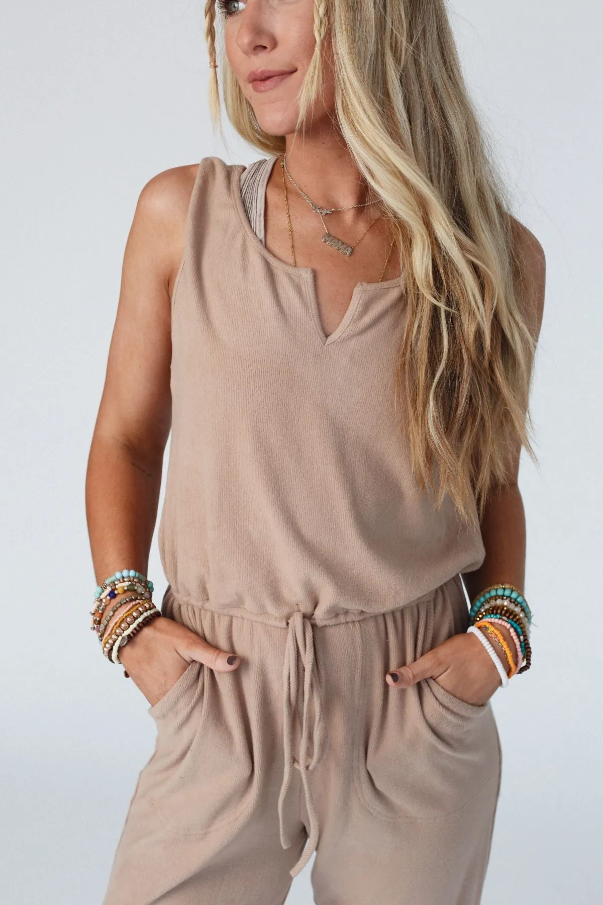 The Nest Chill Out Comfy Ribbed Jumpsuit - Mocha