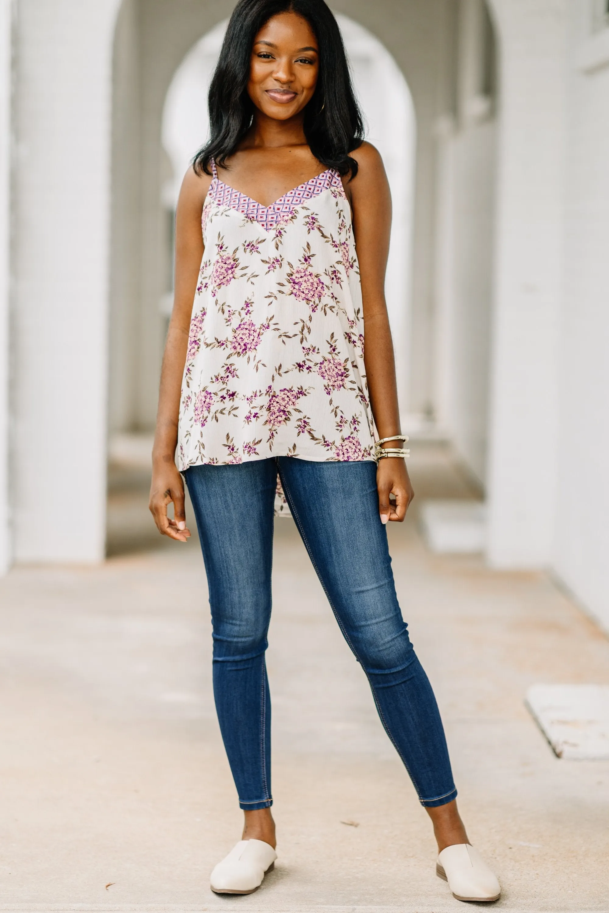 To This Day Ivory White Floral Tank