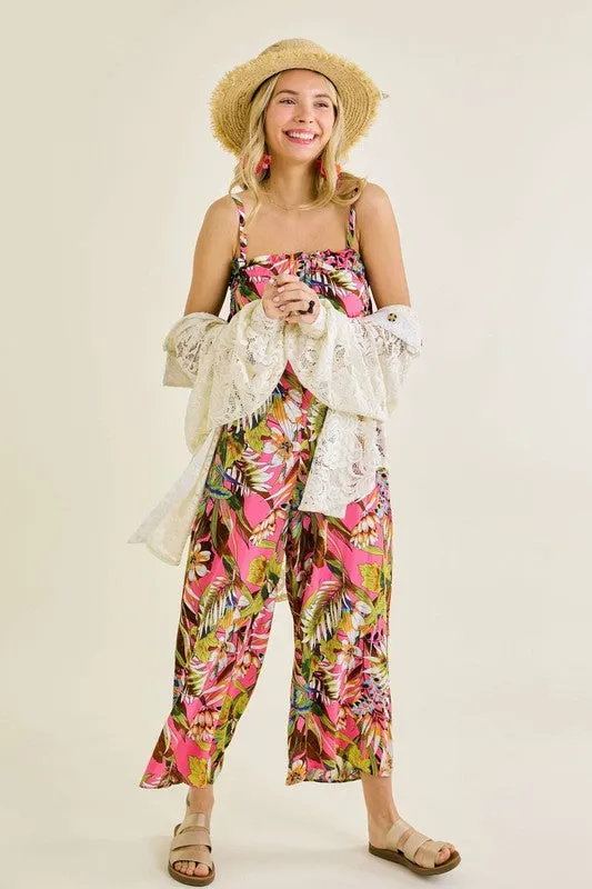 Tropical Elastic Chest Line Jumpsuit w/ Pockets!!