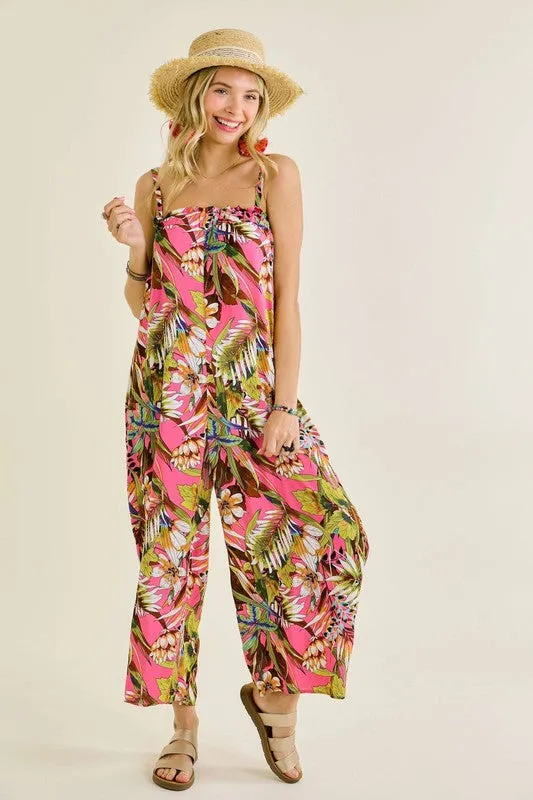 Tropical Elastic Chest Line Jumpsuit w/ Pockets!!