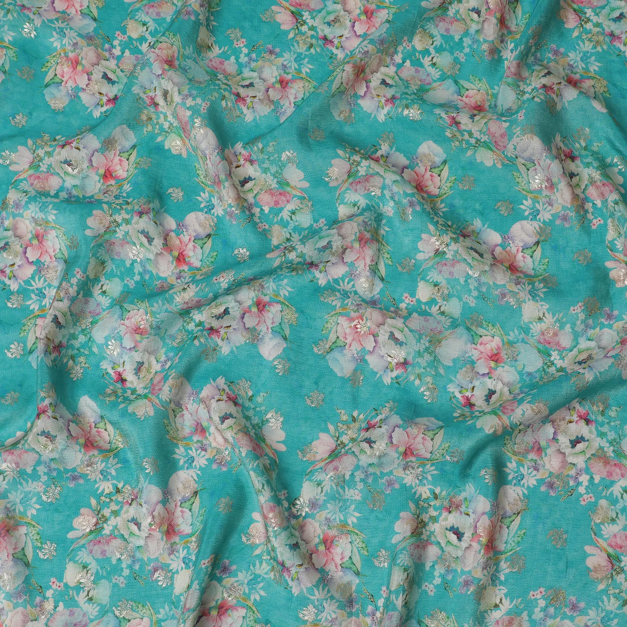 Turquoise Floral Viscose Digital Printed Fabric - Soft & Lightweight, 110 cm Width-D20255