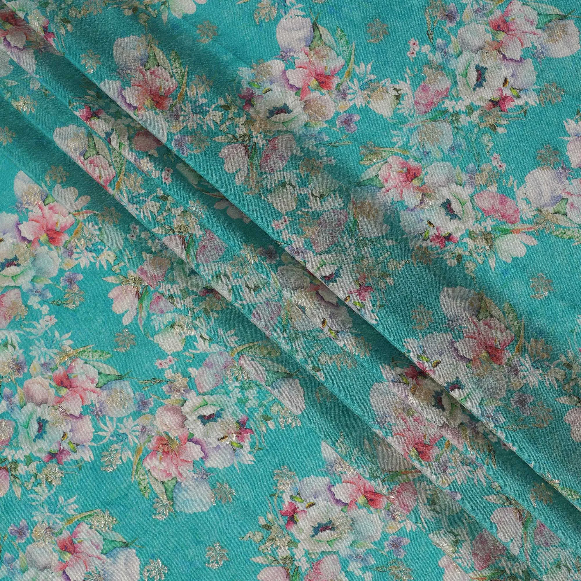 Turquoise Floral Viscose Digital Printed Fabric - Soft & Lightweight, 110 cm Width-D20255