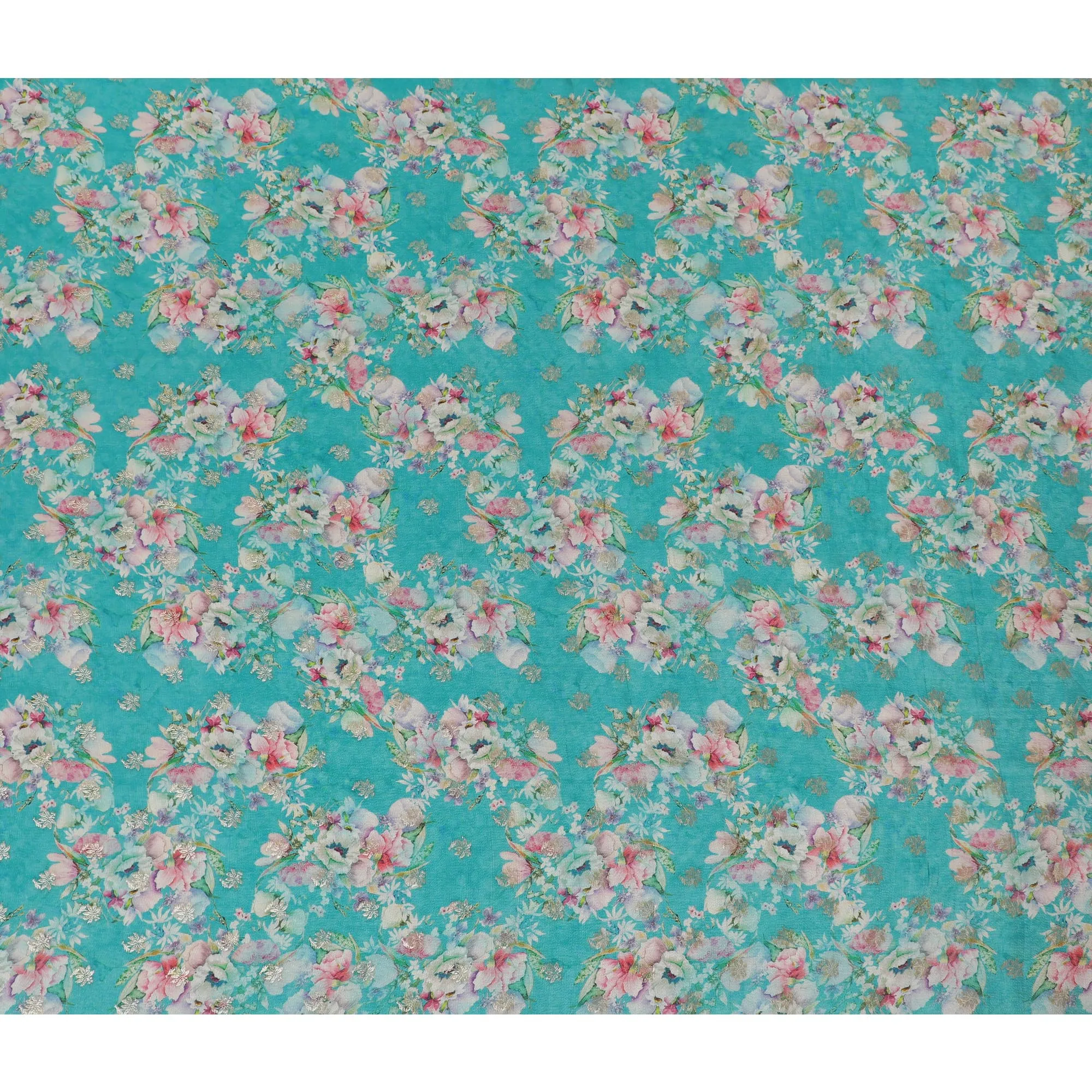 Turquoise Floral Viscose Digital Printed Fabric - Soft & Lightweight, 110 cm Width-D20255