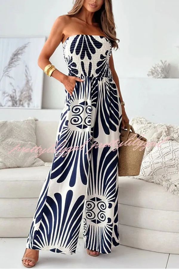 Unique Printed Off-shoulder Pleated Casual Wide-leg Jumpsuit