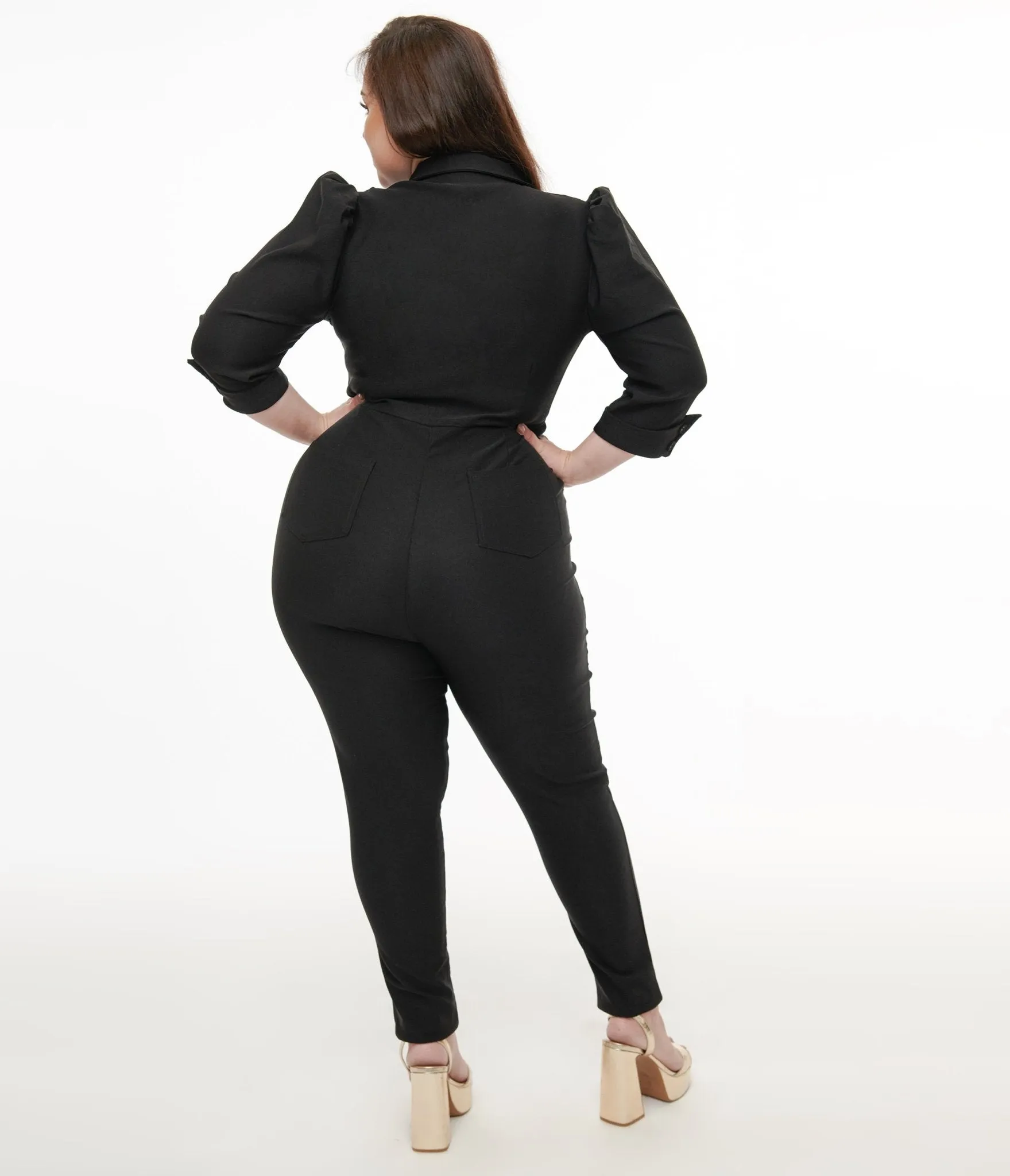 Unique Vintage Plus Size 1950s Black Puff Sleeve Jumpsuit