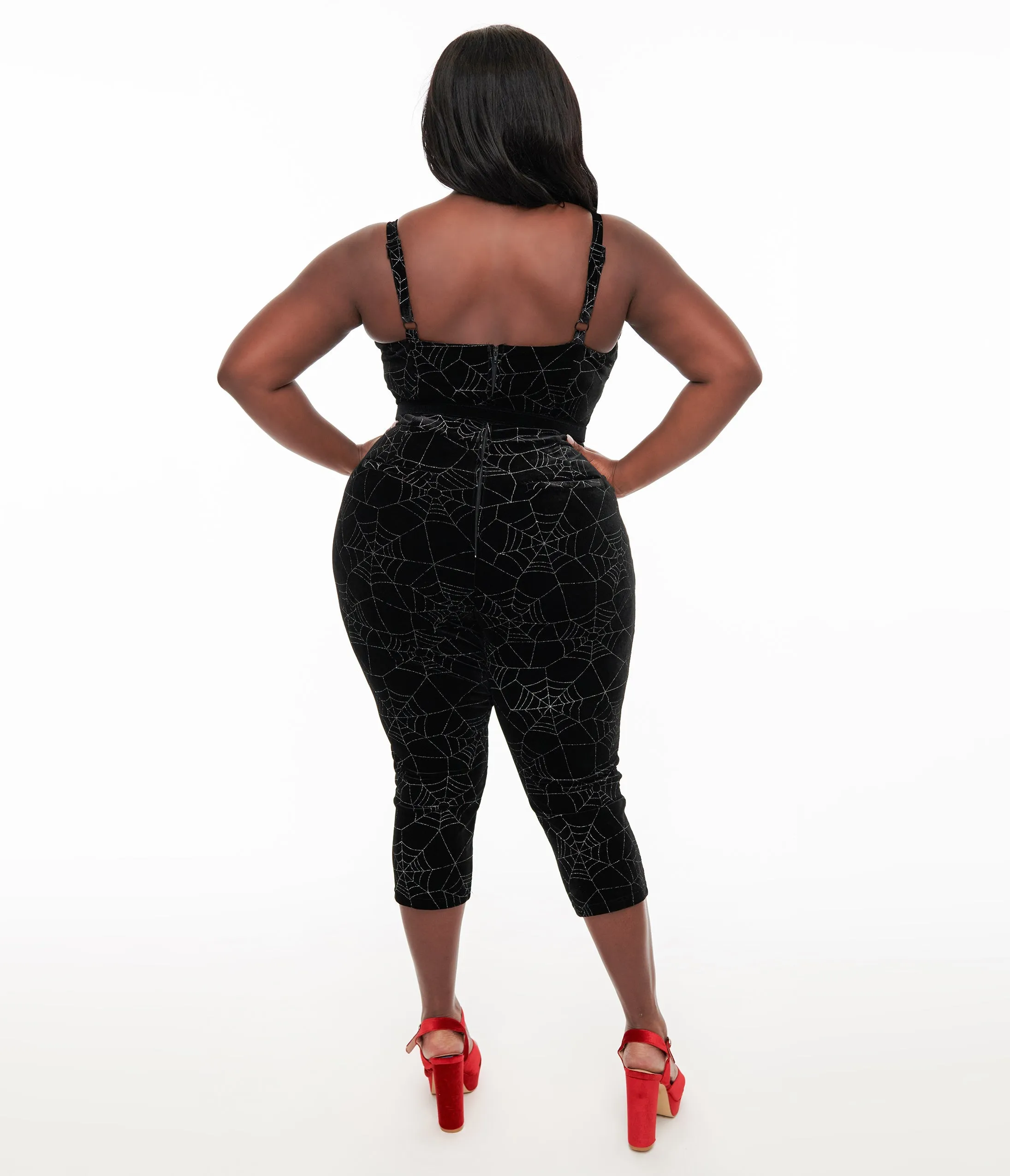 Unique Vintage Plus Size 1950s Black Velvet & Silver Web Cropped Jumpsuit