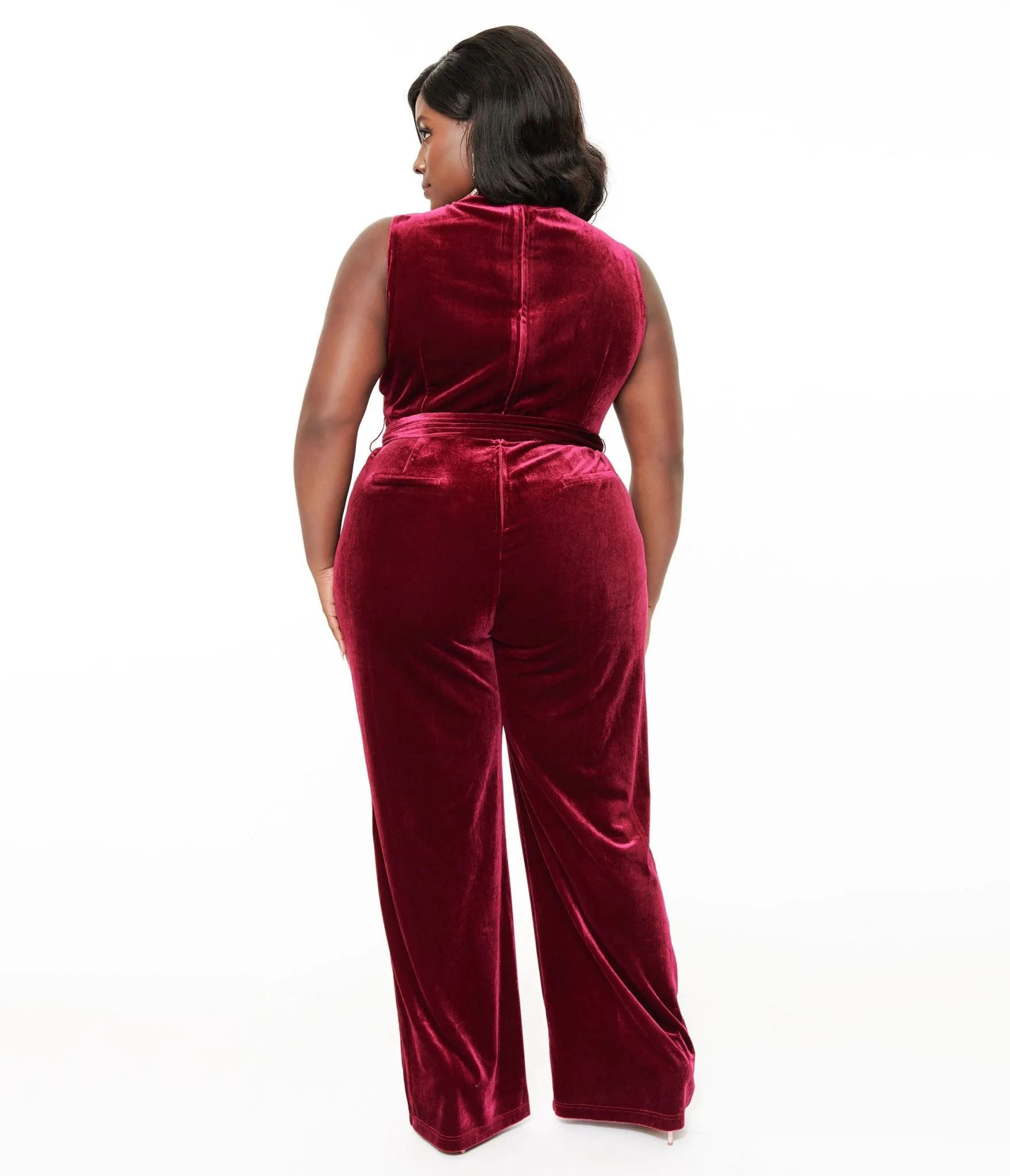 Unique Vintage Plus Size 1950s Merlot Velvet Boat Neck Jumpsuit