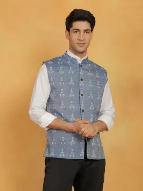 VASTRAMAY Men's Blue Cotton Nehru Jacket