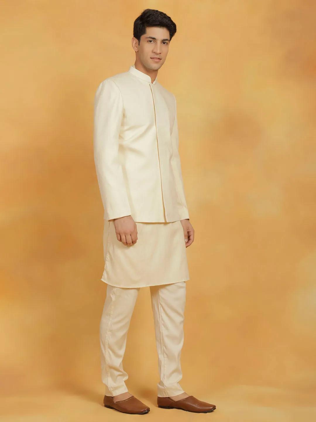 VASTRAMAY Men's Cream Linen Cotton jodhpuri, Kurta and Pyjama Set