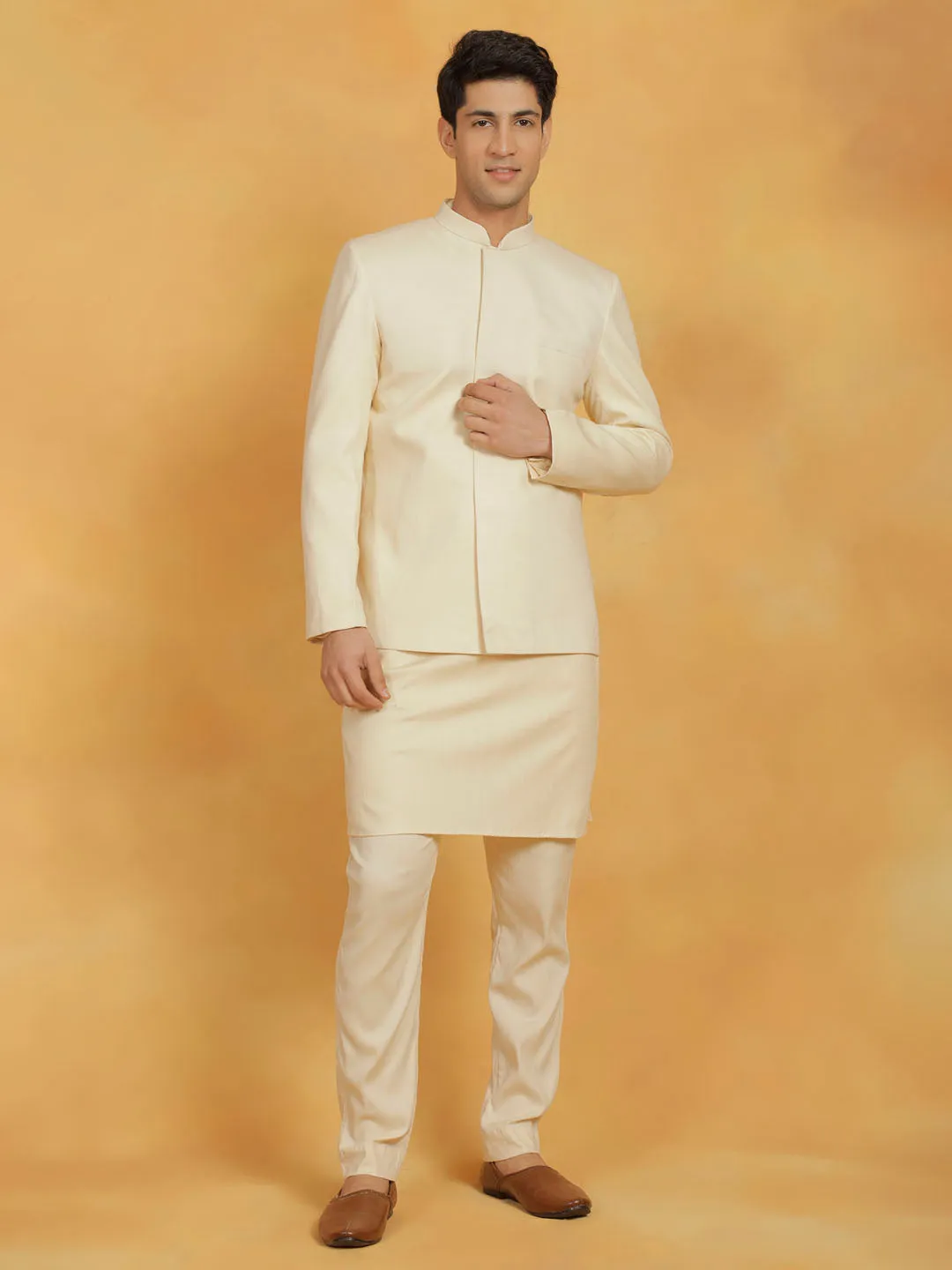 VASTRAMAY Men's Cream Linen Cotton jodhpuri, Kurta and Pyjama Set