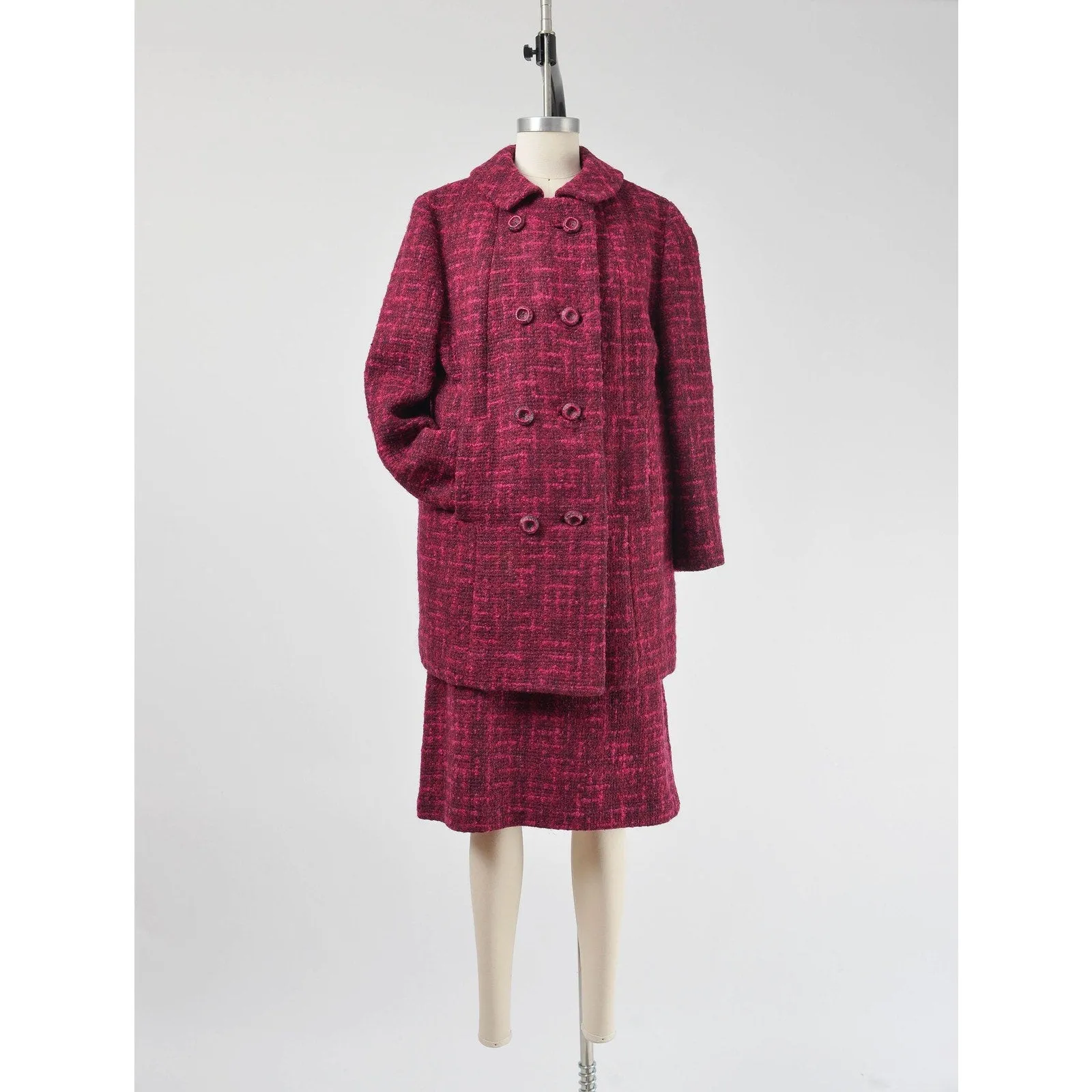 Vintage 60s Dark Pink Tweed Wool Suit Mod Double Breasted Coat High Waisted Pencil Skirt Two Piece Set size Medium