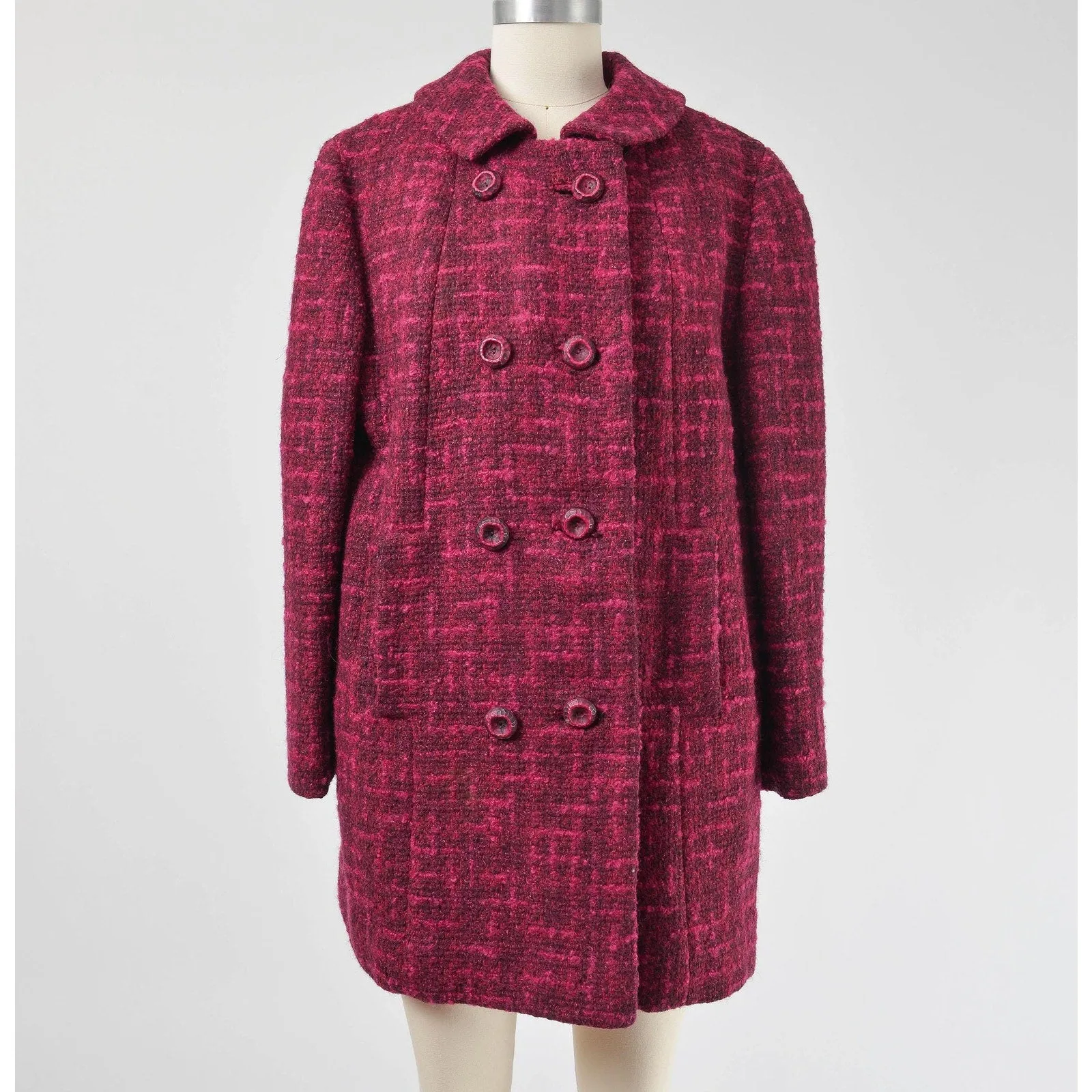 Vintage 60s Dark Pink Tweed Wool Suit Mod Double Breasted Coat High Waisted Pencil Skirt Two Piece Set size Medium