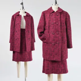 Vintage 60s Dark Pink Tweed Wool Suit Mod Double Breasted Coat High Waisted Pencil Skirt Two Piece Set size Medium