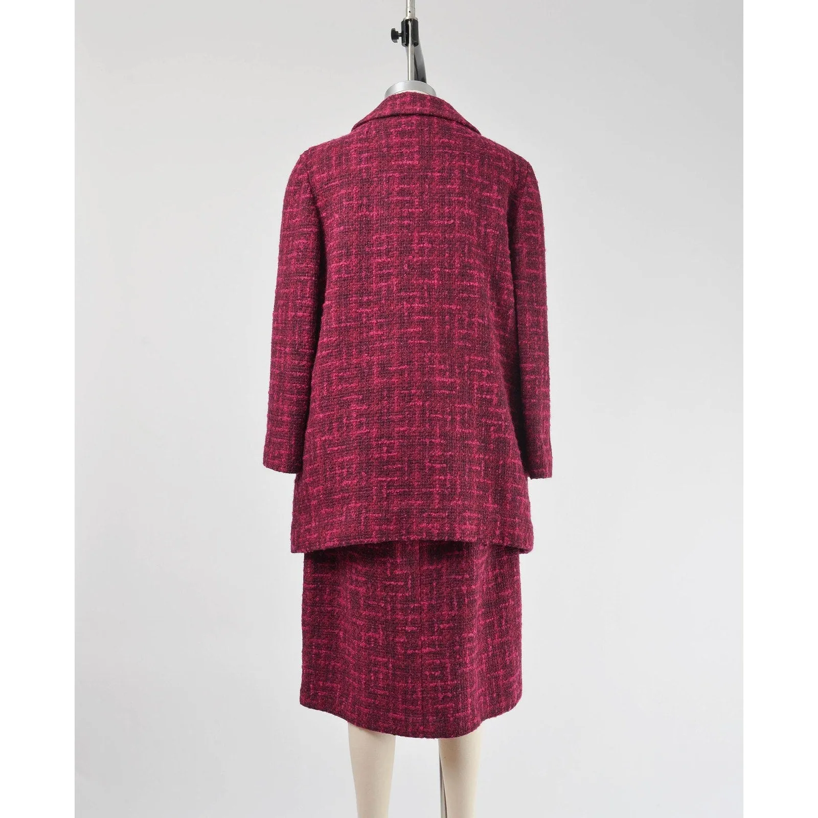 Vintage 60s Dark Pink Tweed Wool Suit Mod Double Breasted Coat High Waisted Pencil Skirt Two Piece Set size Medium