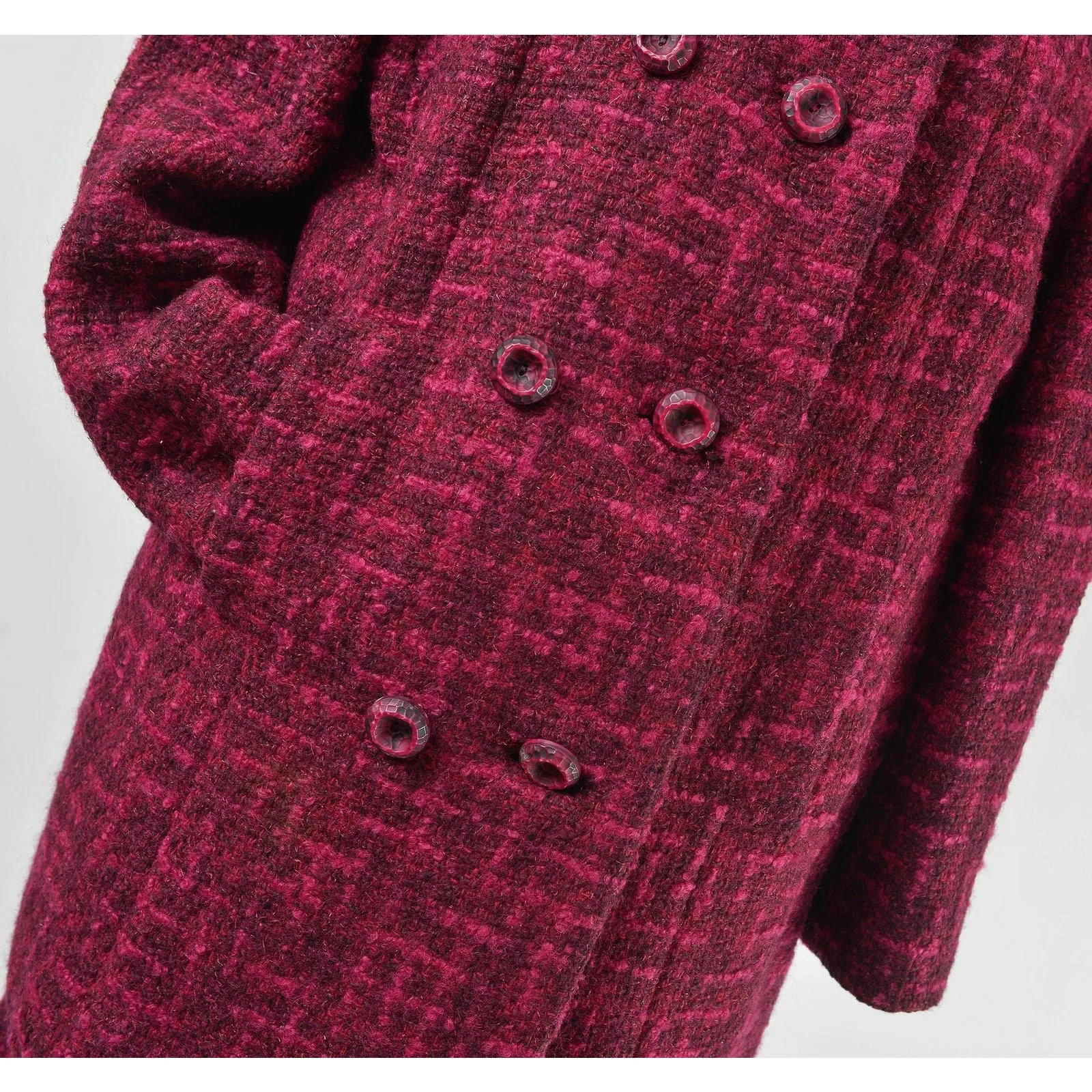 Vintage 60s Dark Pink Tweed Wool Suit Mod Double Breasted Coat High Waisted Pencil Skirt Two Piece Set size Medium