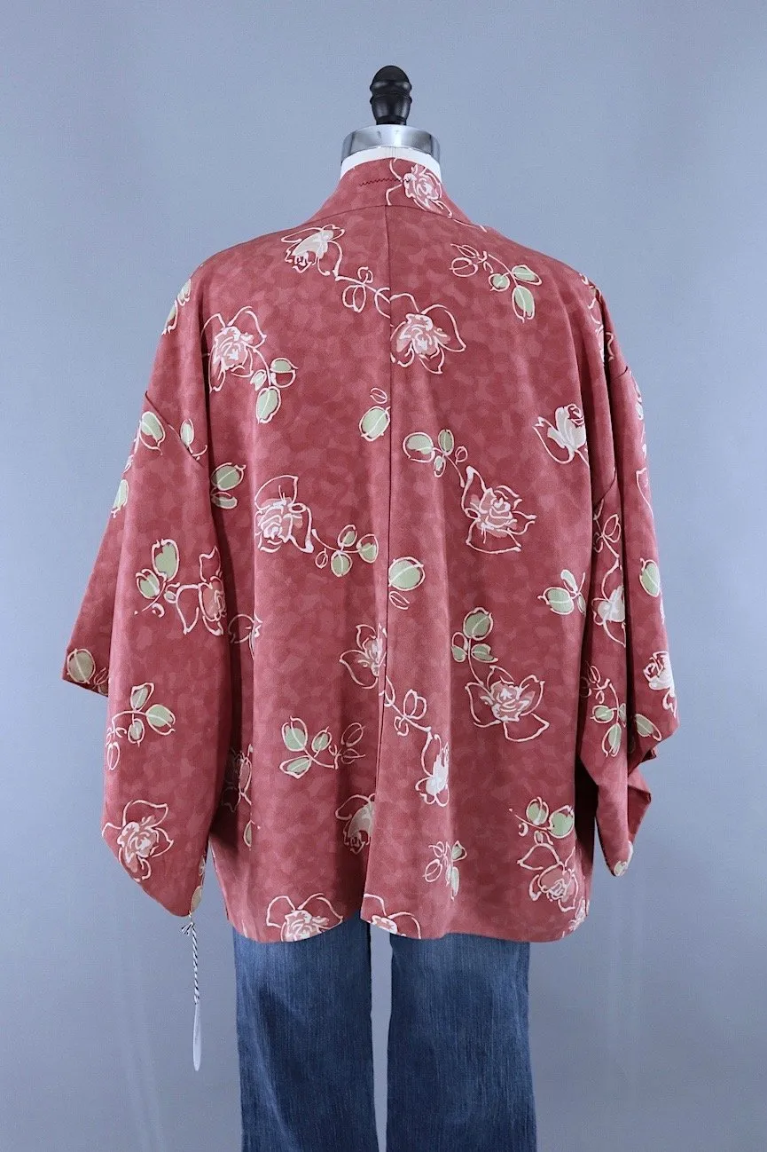 Vintage Kimono Cardigan / Dusty Pink Roses Floral Print