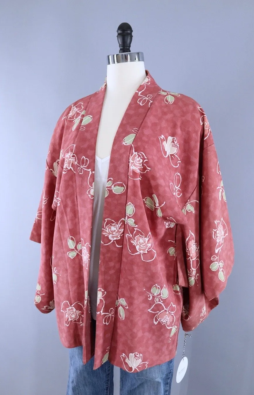 Vintage Kimono Cardigan / Dusty Pink Roses Floral Print