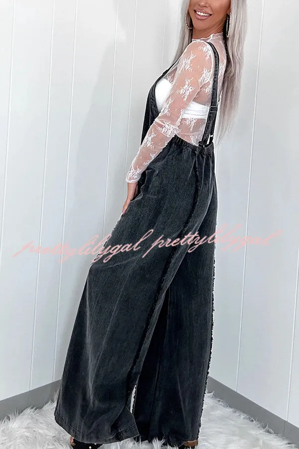 Vintage Washed Denim Raw Edge Elastic Waist Wide Leg Jumpsuit