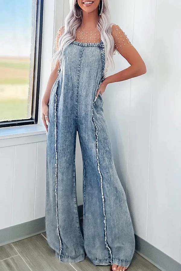 Vintage Washed Denim Raw Edge Elastic Waist Wide Leg Jumpsuit