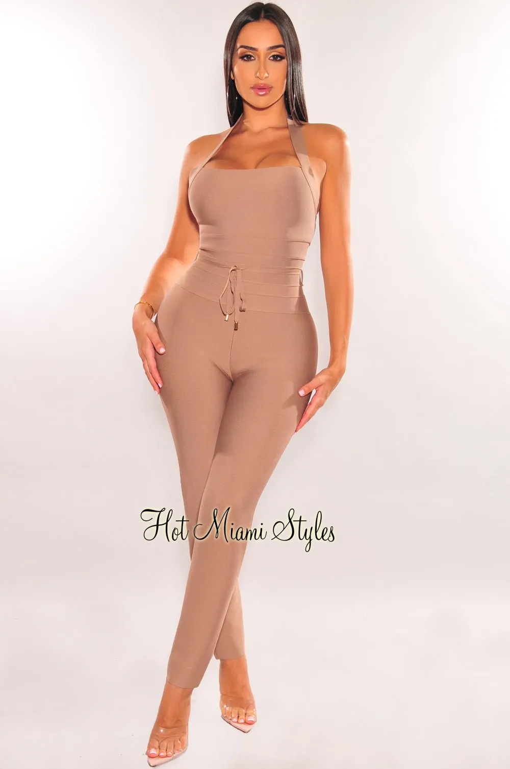 WAIST SNATCHED: Mocha Bandage Halter Belted Jumpsuit