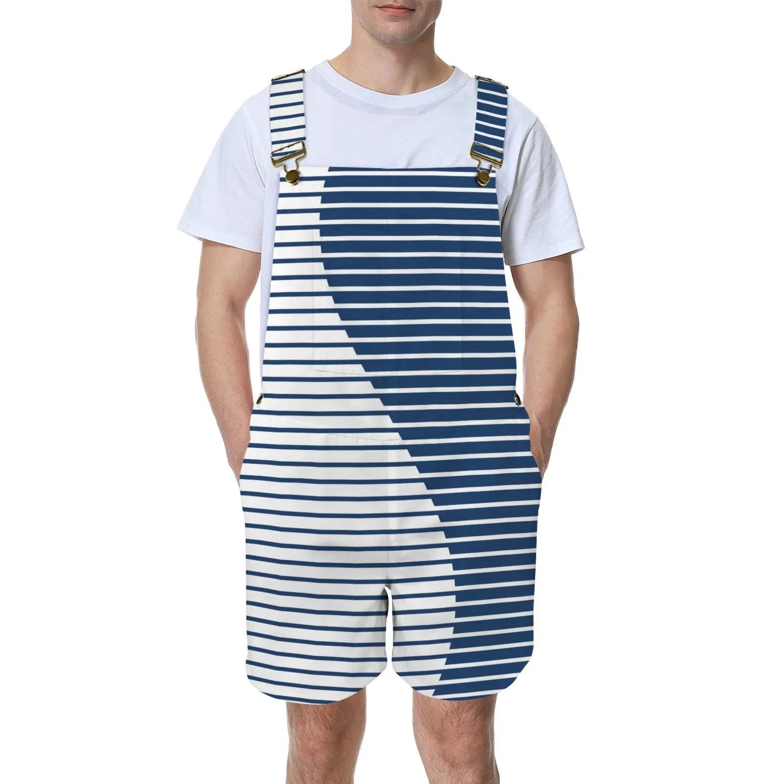 wave striped blue white print2 Unisex Shorts Suspender Jumpsuit (Model L78)