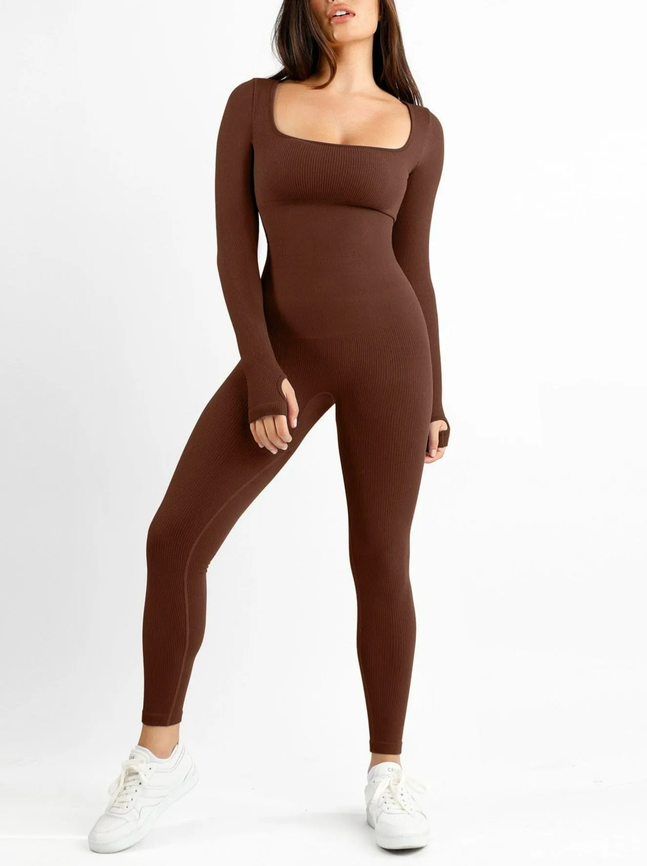 Wholesale Seamless Thumb Hole Square Neck Long Sleeve Jumpsuit