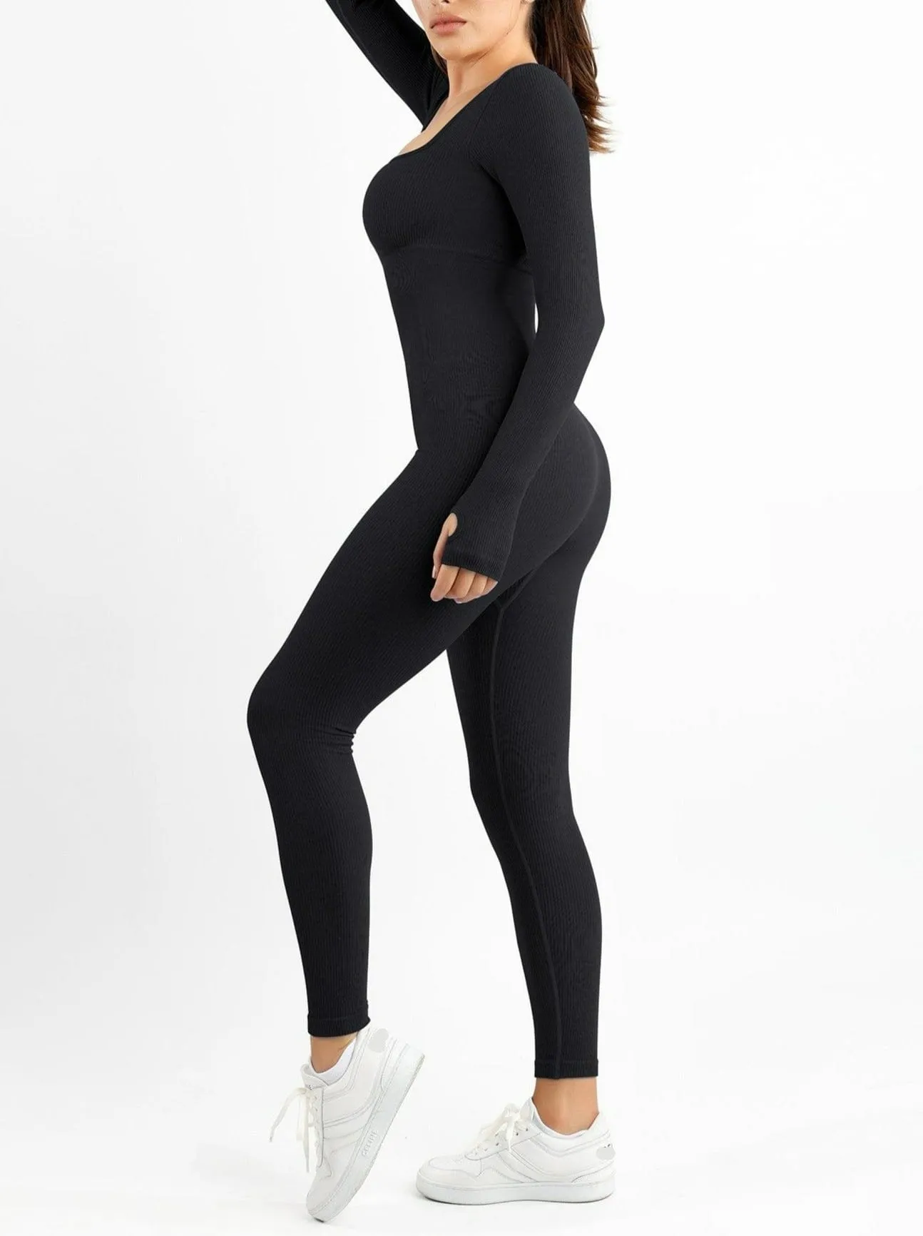 Wholesale Seamless Thumb Hole Square Neck Long Sleeve Jumpsuit