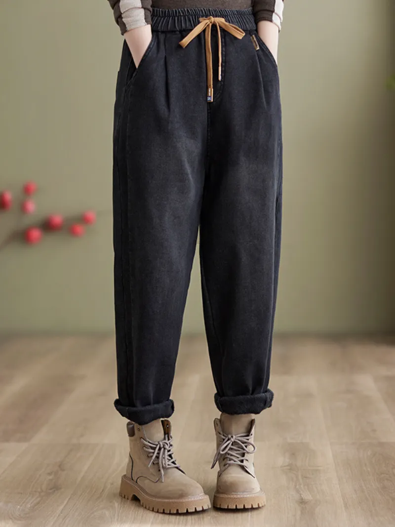 Winter Velvet Thickened Jeans Elastic waist Tied Harem Pants