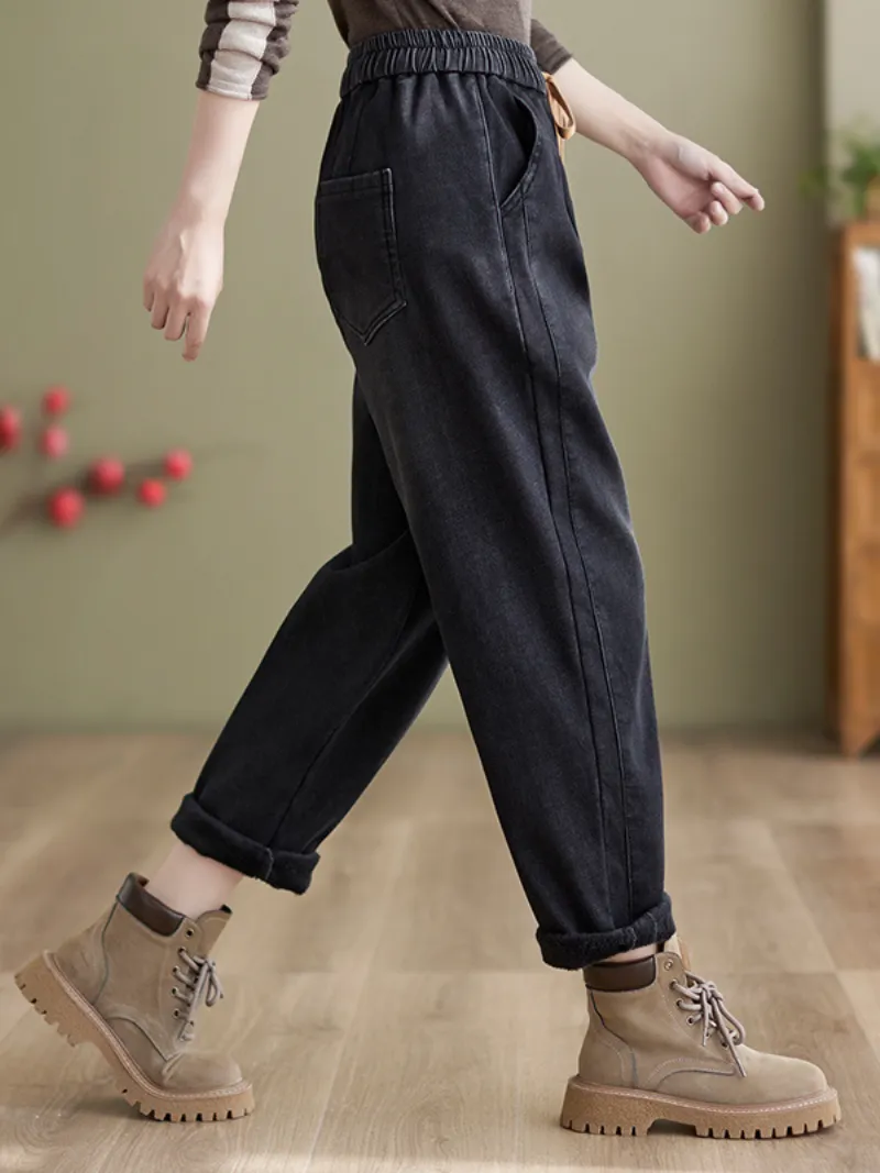 Winter Velvet Thickened Jeans Elastic waist Tied Harem Pants