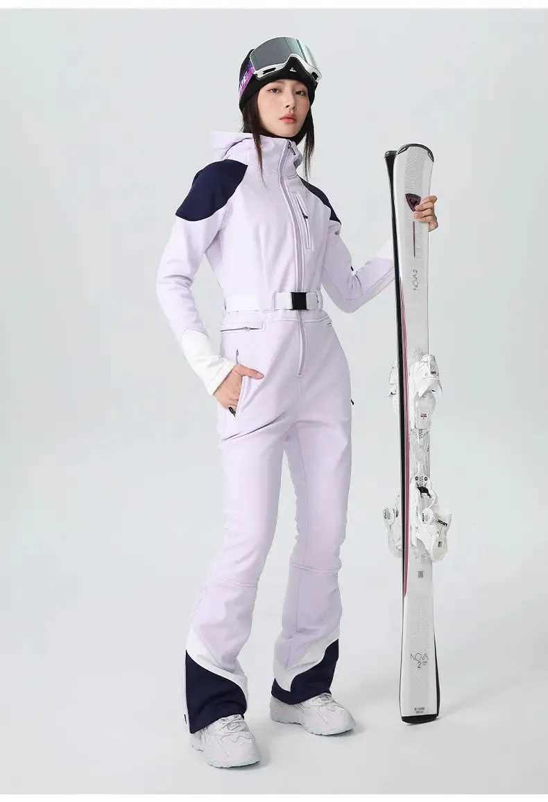 Women Fitted Stretch Ski Jumpsuit Elegant One-piece Flare Snowsuits