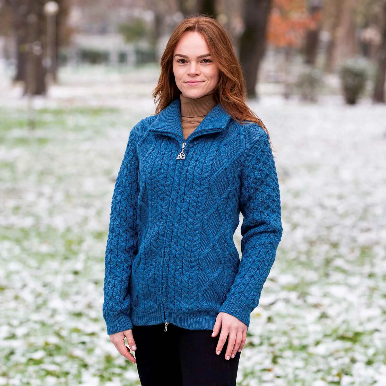 Women's Aran Knit Cable Bomber Jacket, Teal