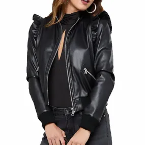 Women's Black Leather Bomber Jacket with Ruffled Shoulders