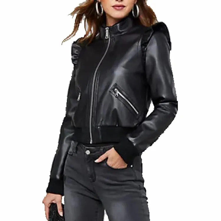 Women's Black Leather Bomber Jacket with Ruffled Shoulders