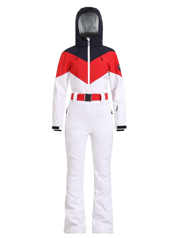 Women's Gsou Snow Retro Belted Color-Blocked Flare One Piece Ski Suit