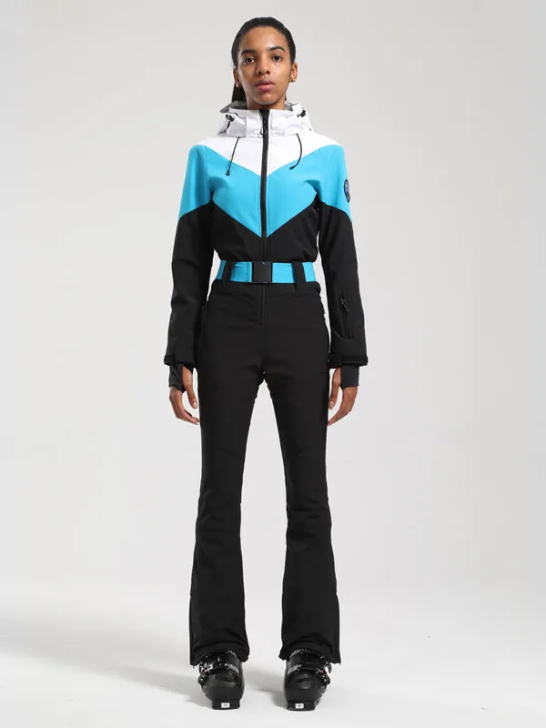 Women's Gsou Snow Retro Belted Color-Blocked Flare One Piece Ski Suit