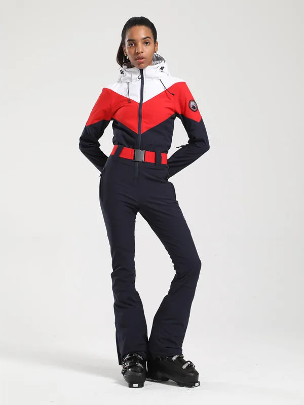 Women's Gsou Snow Retro Belted Color-Blocked Flare One Piece Ski Suit