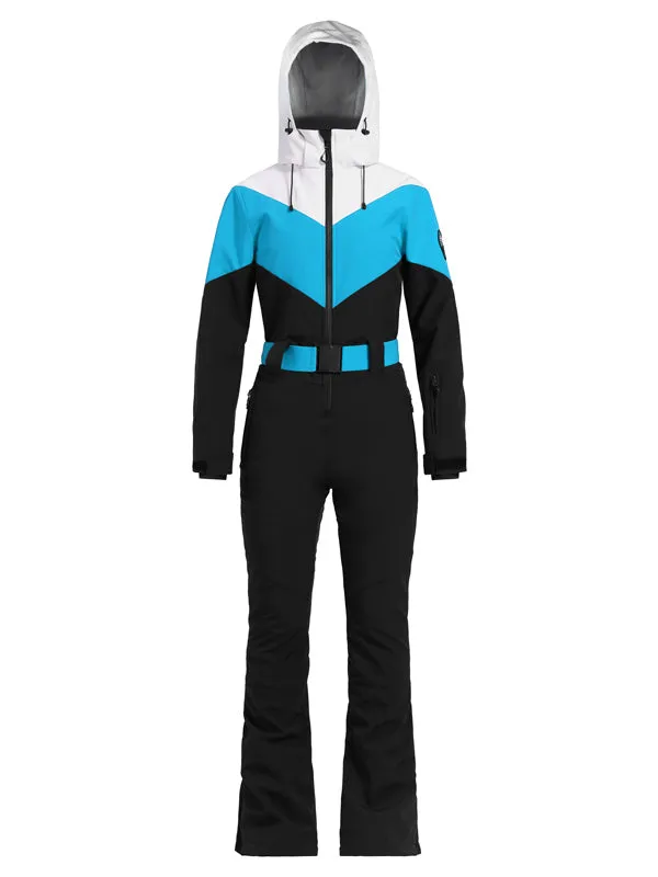 Women's Gsou Snow Retro Belted Color-Blocked Flare One Piece Ski Suit