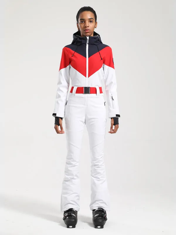 Women's Gsou Snow Retro Belted Color-Blocked Flare One Piece Ski Suit