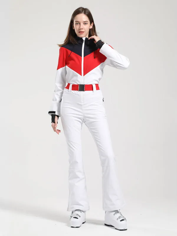 Women's Gsou Snow Retro Belted Color-Blocked Flare Ski Suit