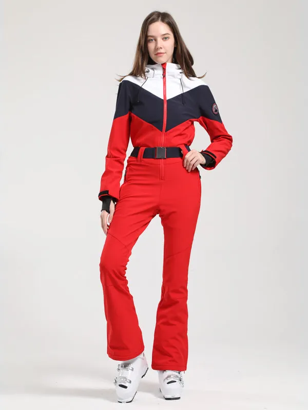 Women's Gsou Snow Retro Belted Color-Blocked Flare Ski Suit