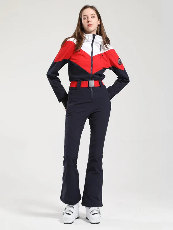 Women's Gsou Snow Retro Belted Color-Blocked Flare Ski Suit